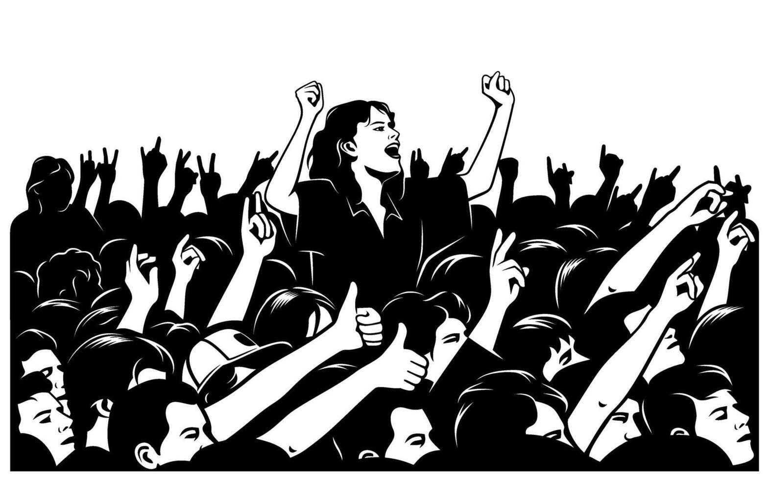 Crowd audience at a concert, music show, sport arena. Black and white illustration. vector