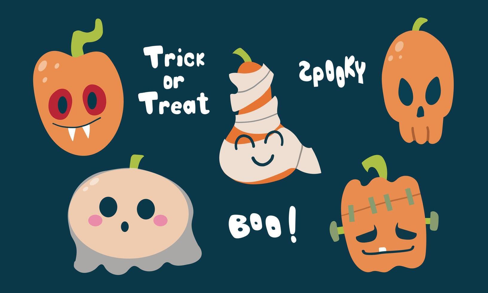 Bundle Set Halloween Pumpkins and Ghost, skeleton , Frankenstein ,vampire ,mummy Clip Art Illustration with Holiday Symbols ,and lettering spooky , boo and trick or tread . vector