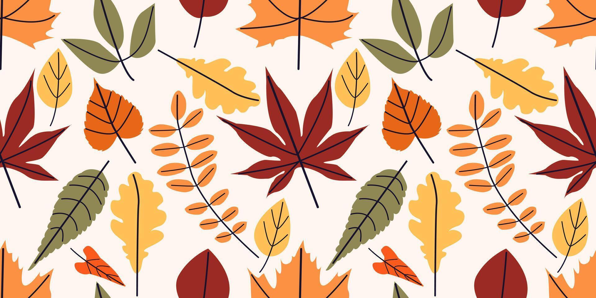 Autumn leaves pattern. Falling leaf seamless background with Oak, maple, chestnut, linden, aspen, walnut and rowan foliage in cartoon style. Autumn mood forest print for textile or wrapping paper. vector
