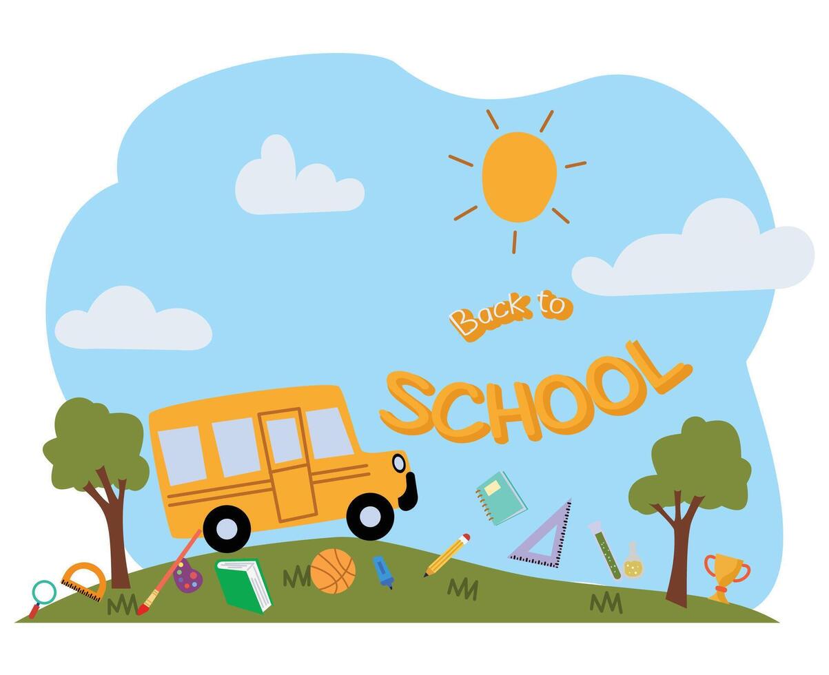 back to school background with illustration of school bus and schools supplies vector