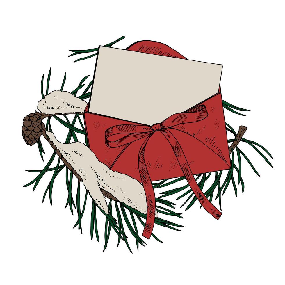 Letter to Santa Claus. outline illustration. Hand drawn holiday red envelope with fir branch. Vintage xmas line art. Christmas card drawing on transparent background. For inscriptions or text vector