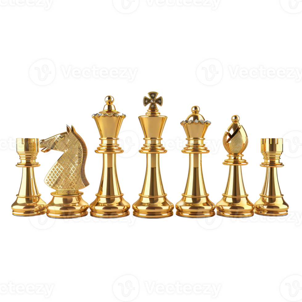 Gold chess pieces isolated on transparent background png