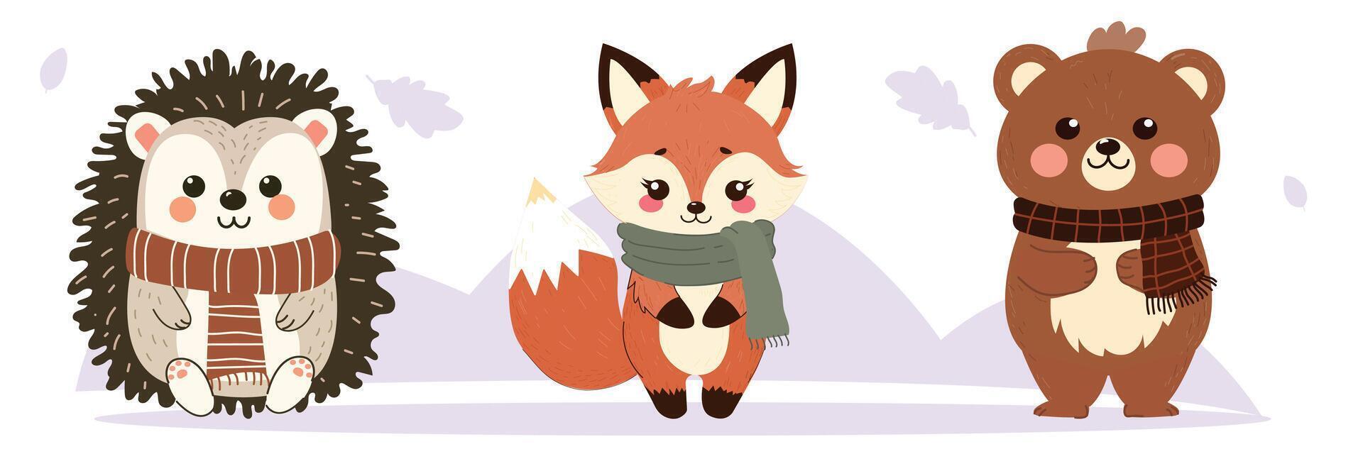 Set of animals in auumn. Cute hedgehog, fox and bear. vector