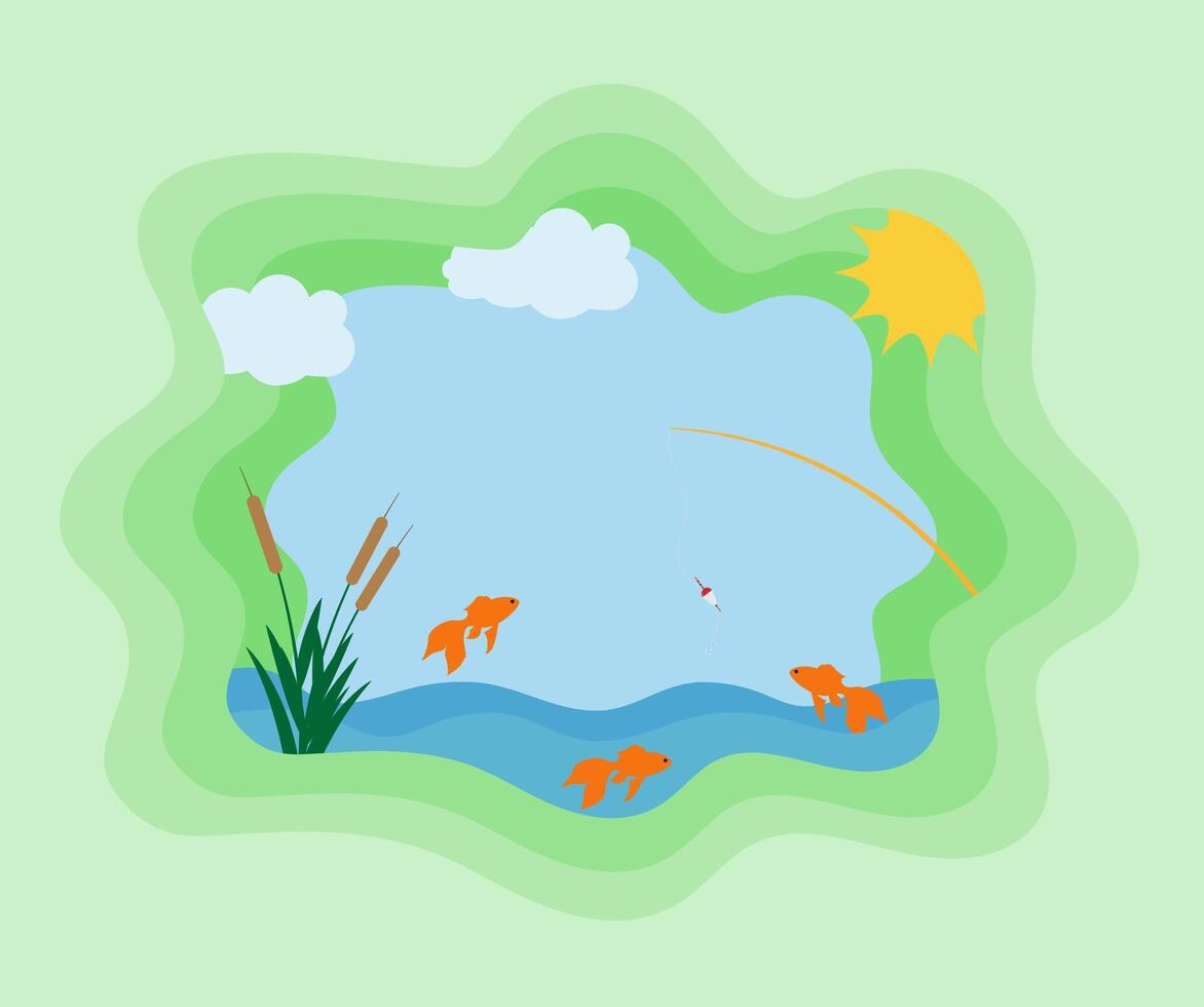paper cut fishing art banner illustration flat style background for you design vector
