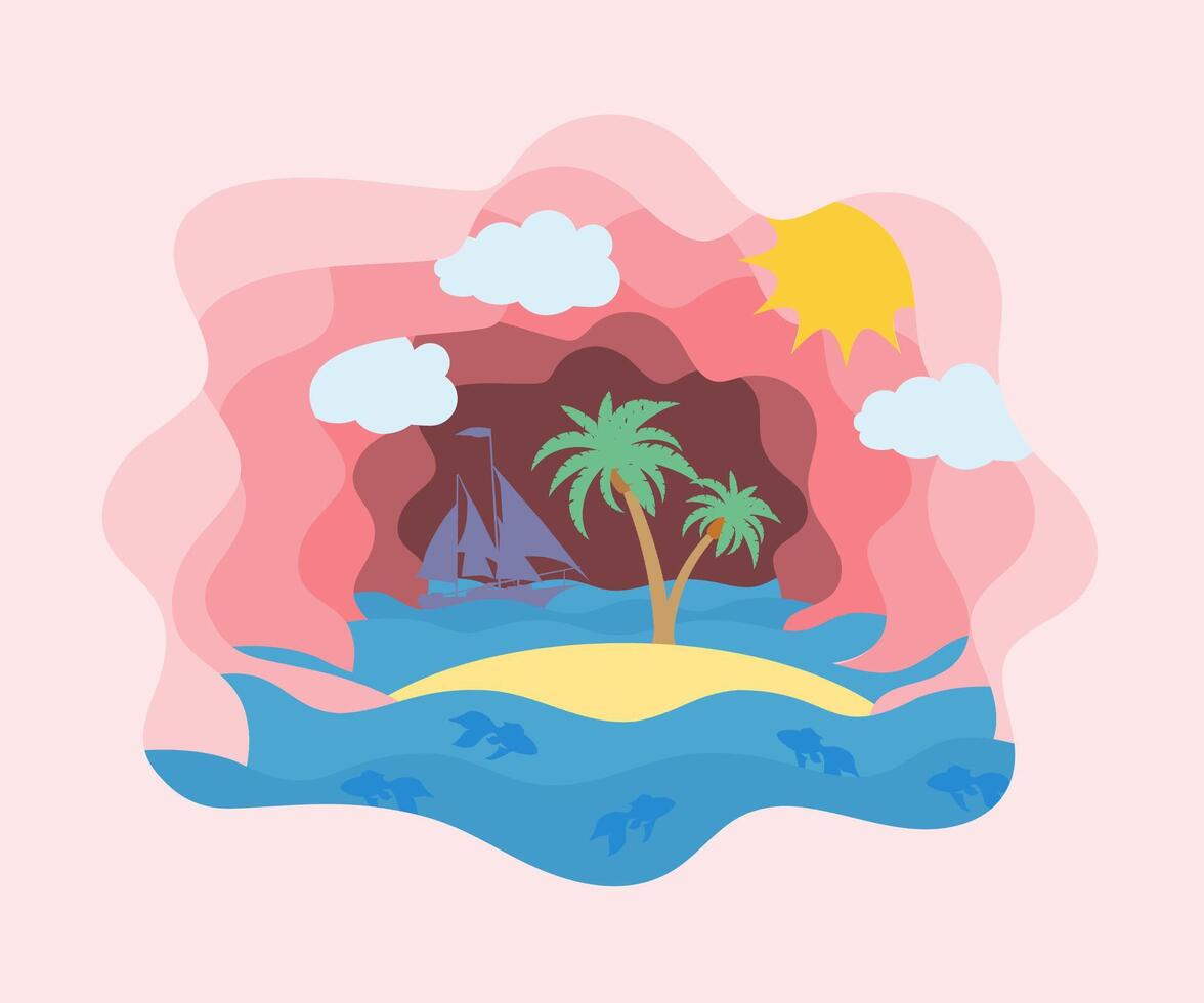 summer sea view sky and beach paper cut art banner illustration flat style background for you design vector