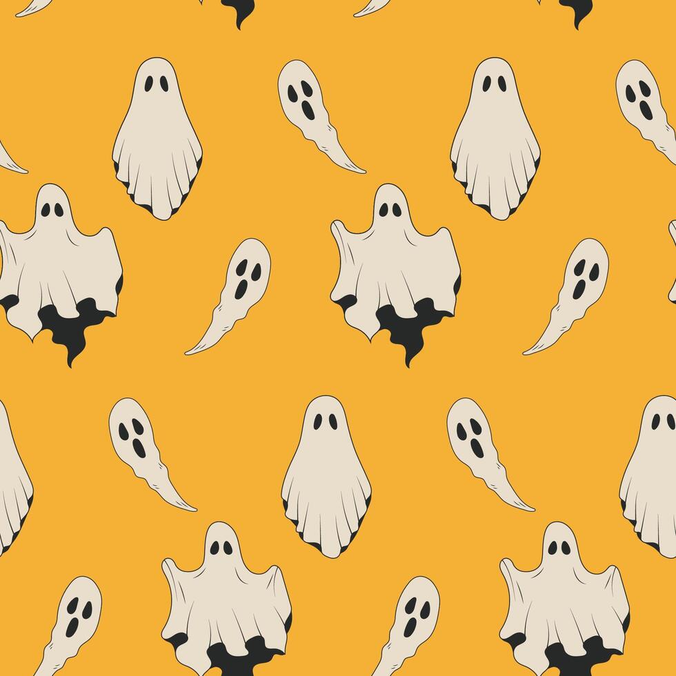 Seamless pattern. Retro Halloween. Ghosts on yellow background vector