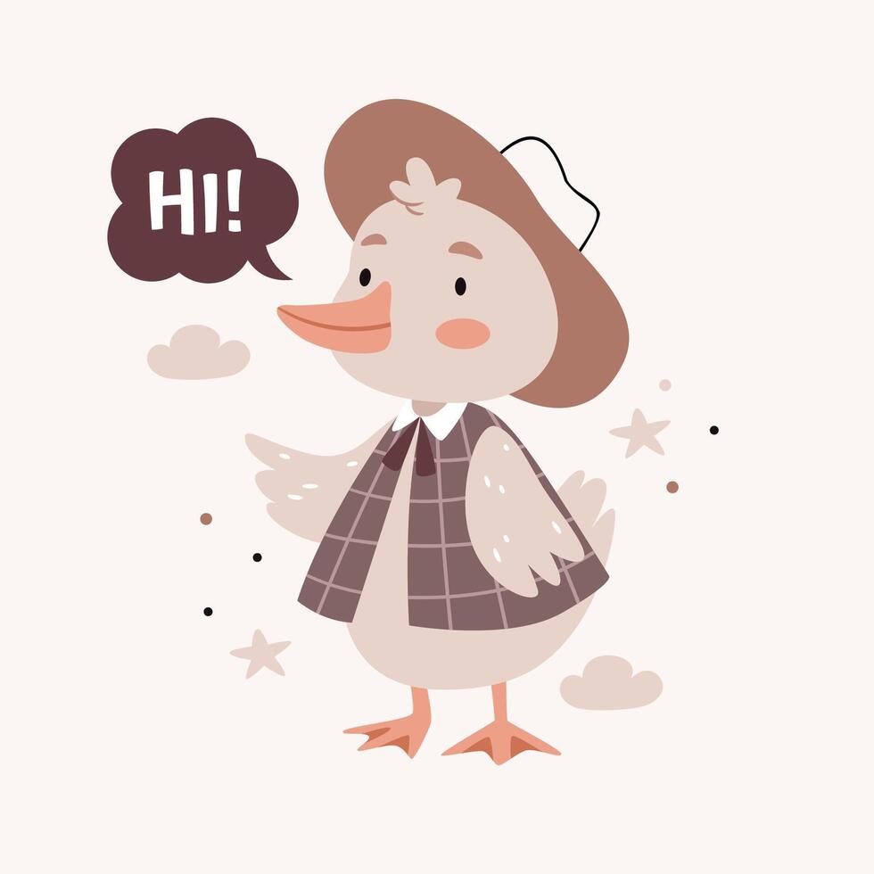 Goose in vintage clothes. Text Hello. Cute cartoon Bohemian nursery posters in beige and gray colors. Boho print vector