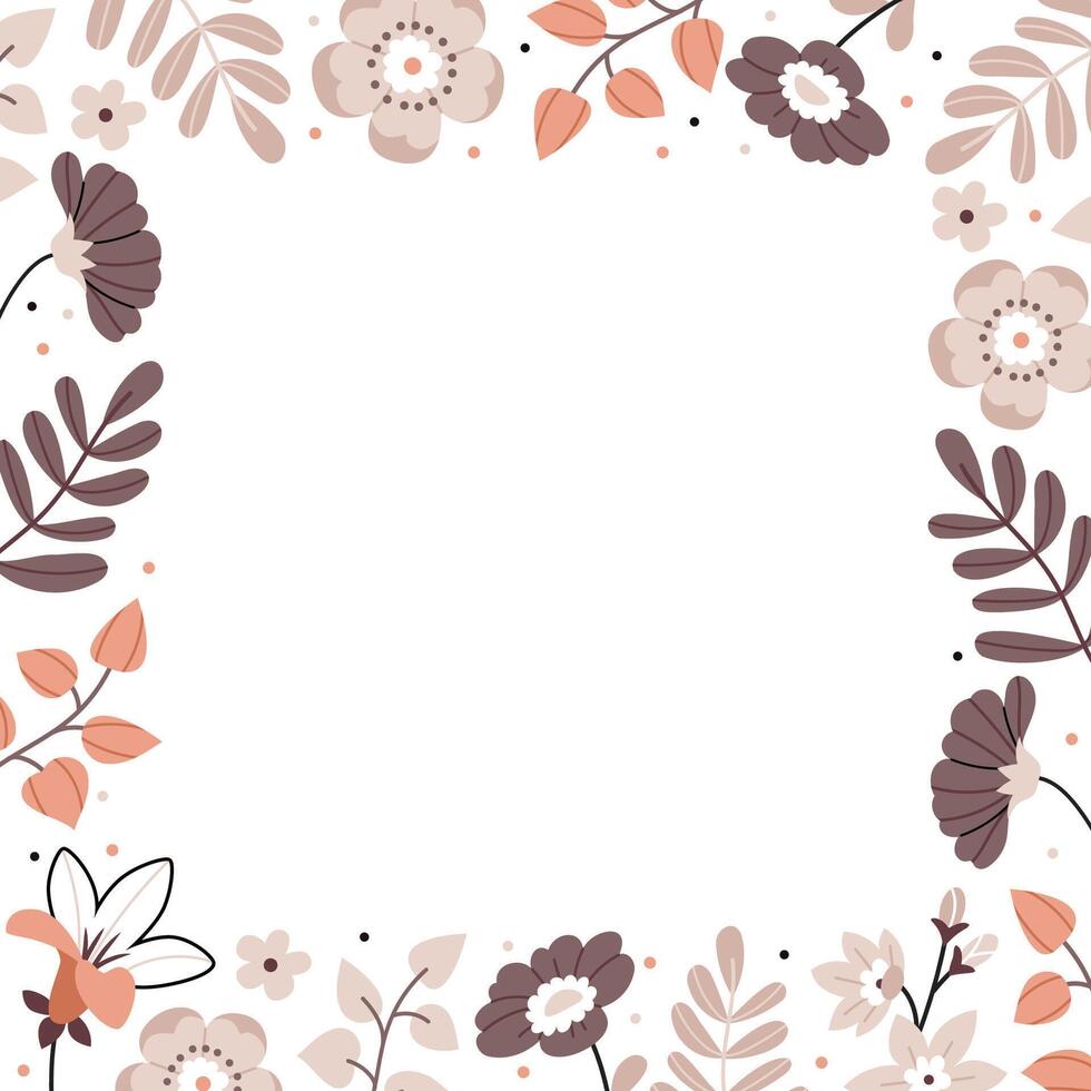 Square floral frame. Cute cartoon Bohemian scandinavian nursery posters in beige and gray colors. Boho print vector