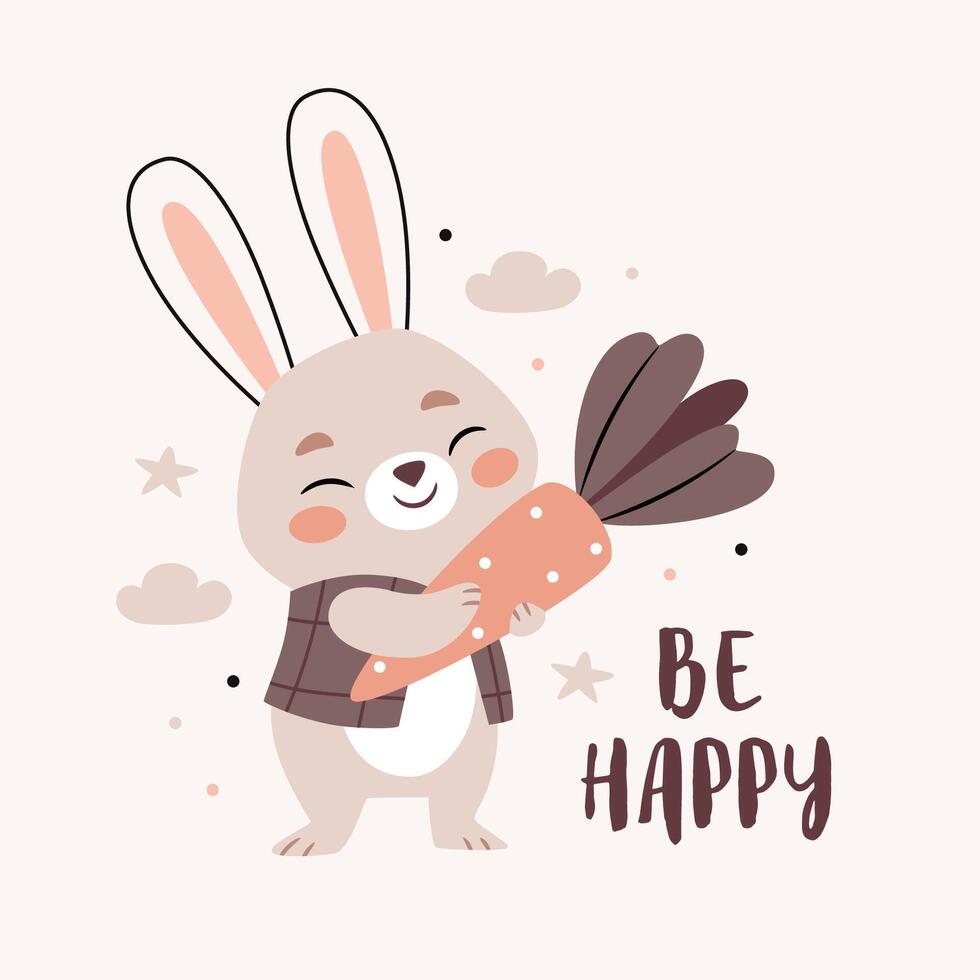 A hare hugs a carrot.Text Be happy. Cute cartoon Bohemian Scandi nursery posters in beige and gray colors. Boho print vector
