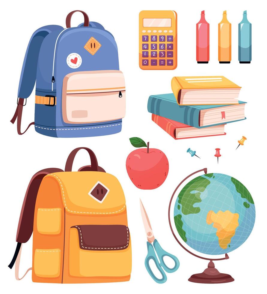 School supplies set. Backpack, book, globe,apple, felt-tip pens, scissors.Back to school.Cute office supplies hand drawn. vector