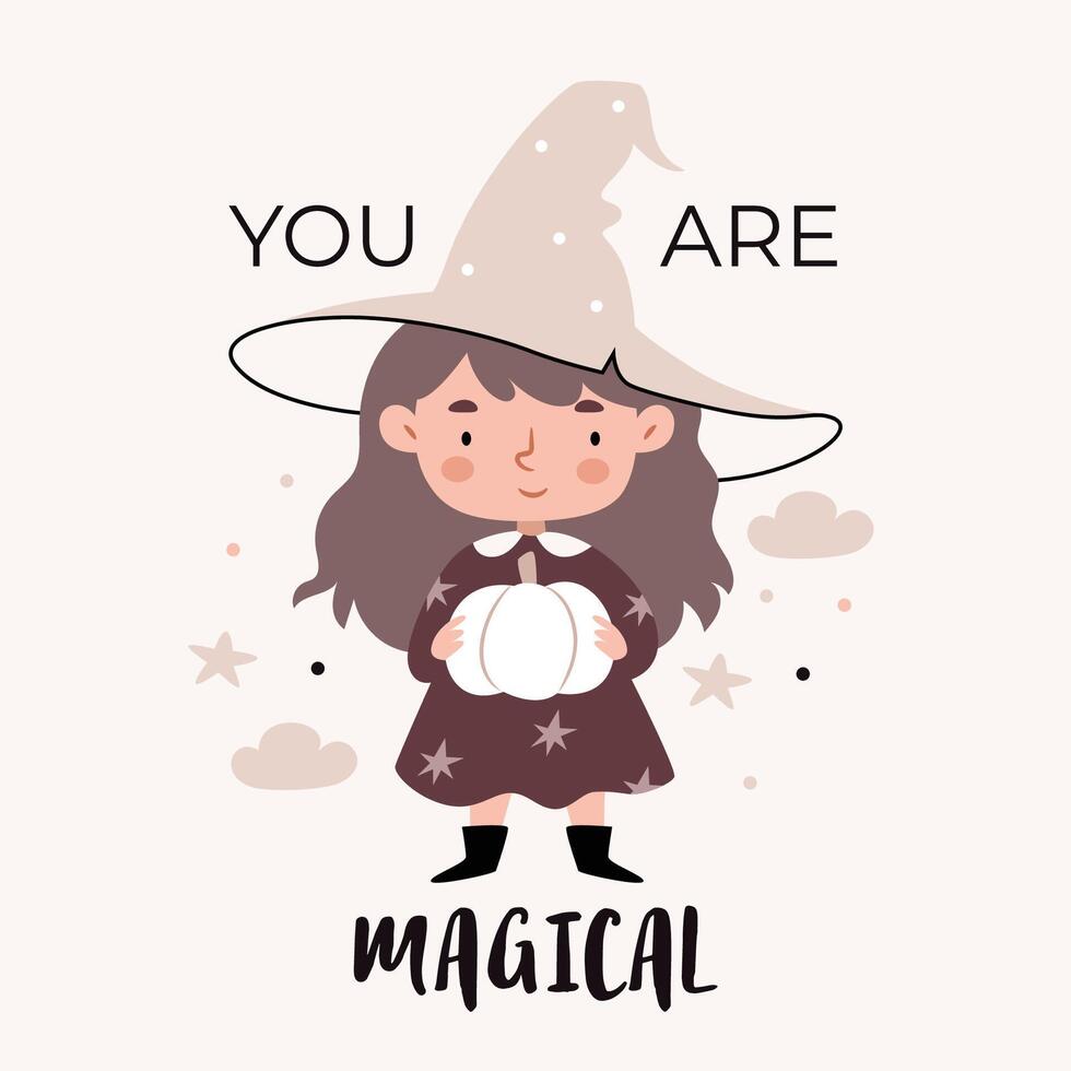 Little witch with a pumpkin Text You are magical. Cute cartoon Bohemian scandinavian nursery posters in beige and gray colors. Boho print vector