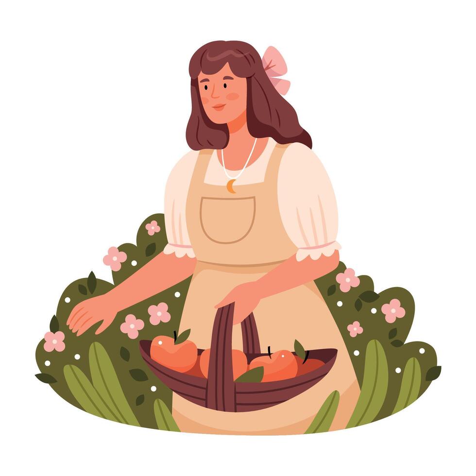 A girl picks an apple in a basket. Cottagecore aesthetics.Happy female farmer collecting harvest in rural countryside garden with ripened food plant. vector