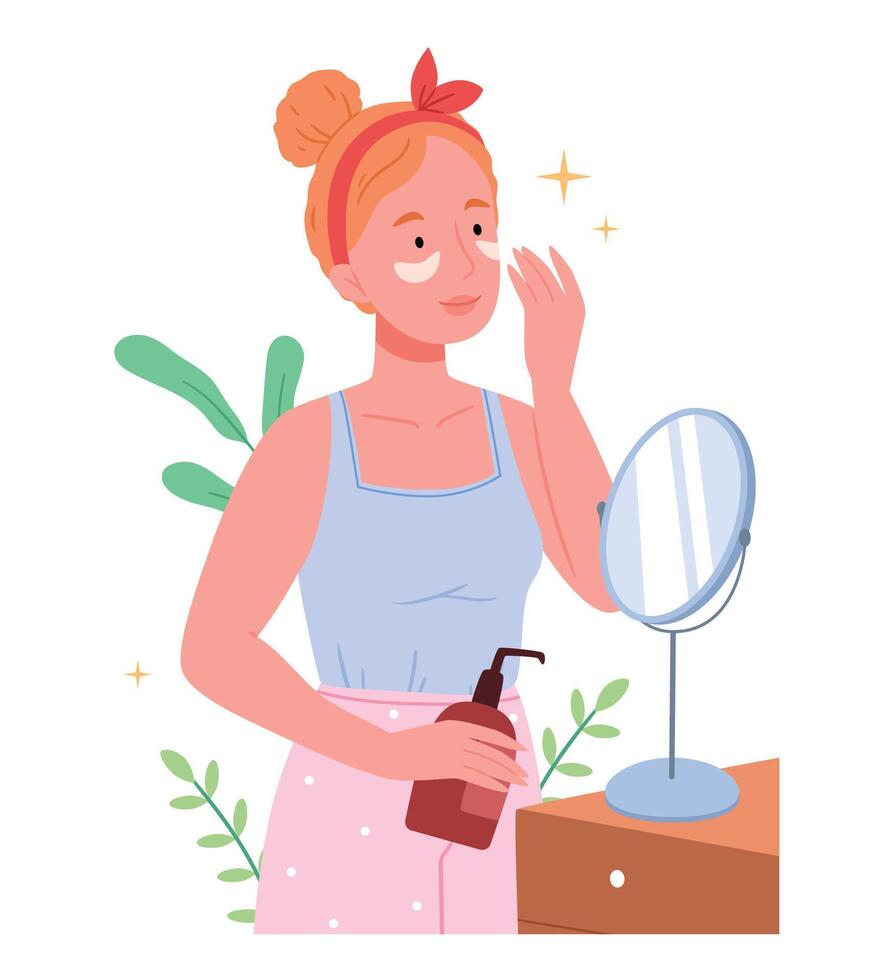 A red haired girl with patches under her eyes.Girl take care of face skin, moisturizing and hygiene procedures organic herbal cream. natural organic cosmetics, skincare flat vector