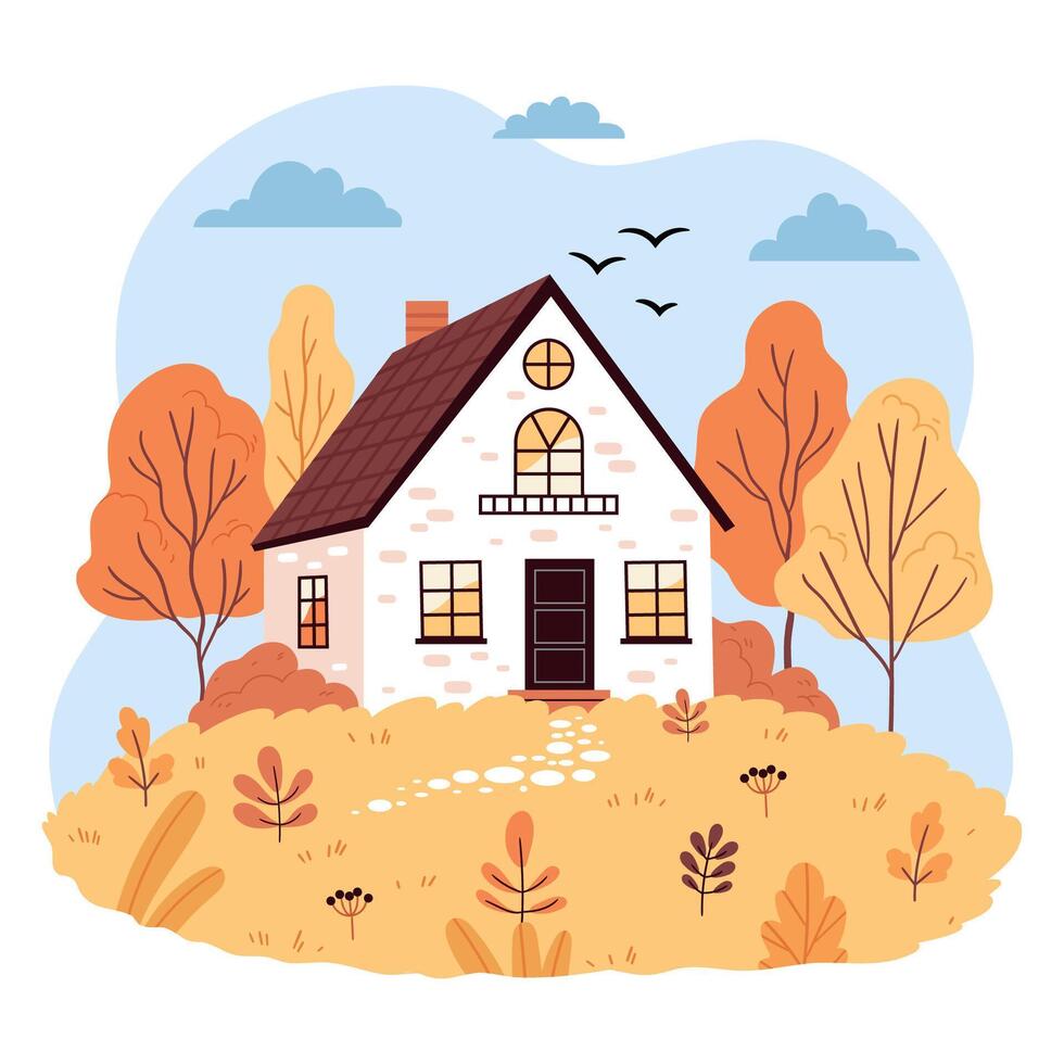 Cute autumn house.Fall season landscape, countryside scenery, autumn mood. Rustic houses, cozy cottages illustration.Flat hand draw vector