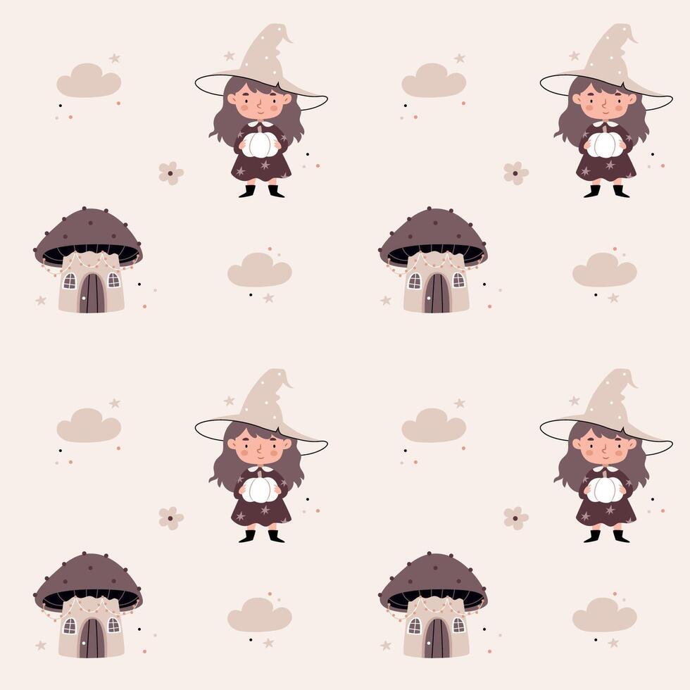 Cute pattern in Scandinavian, boho, minimalism style in beige neutral pastel colors.House,mushroom, witch .Decor for the nursery, baby shower, textiles vector