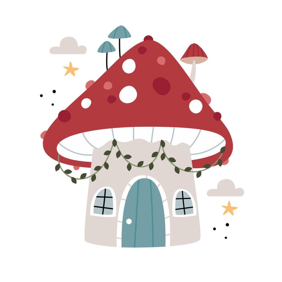 Fly agaric house.Fairytale big amanita home.Forest magic illustration surreal design with fun cottage, fungi and toadstools vector