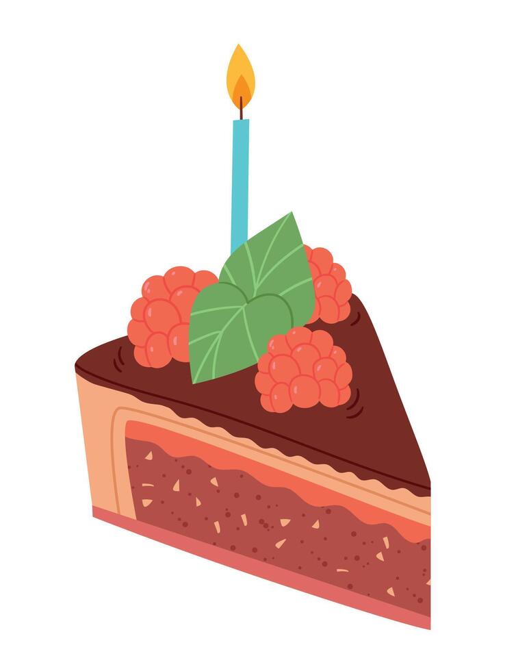 A piece of chocolate cake with raspberries and a candle.Happy birthday. Sweet cake with cream vector