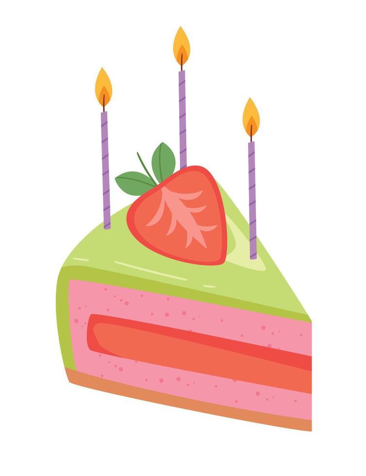 A piece of jelly cake with strawberries and candles. vector