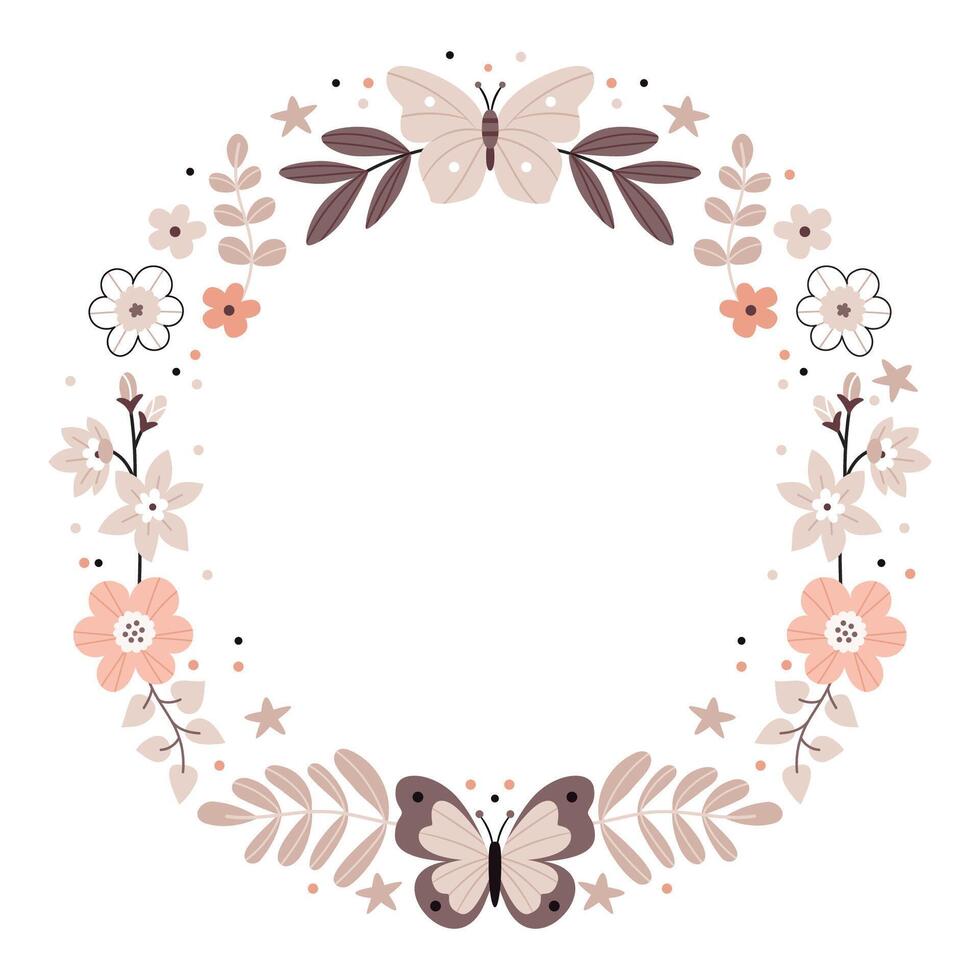Round floral frame with butterflies. Cute cartoon Bohemian Scandi nursery posters in beige and gray colors. Boho print vector