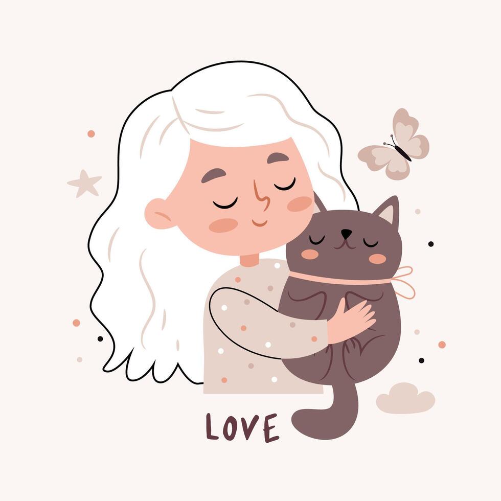 A girl hugs a cat. Text Love. Cute cartoon Bohemian Scandi nursery posters in beige and gray colors. Boho print vector