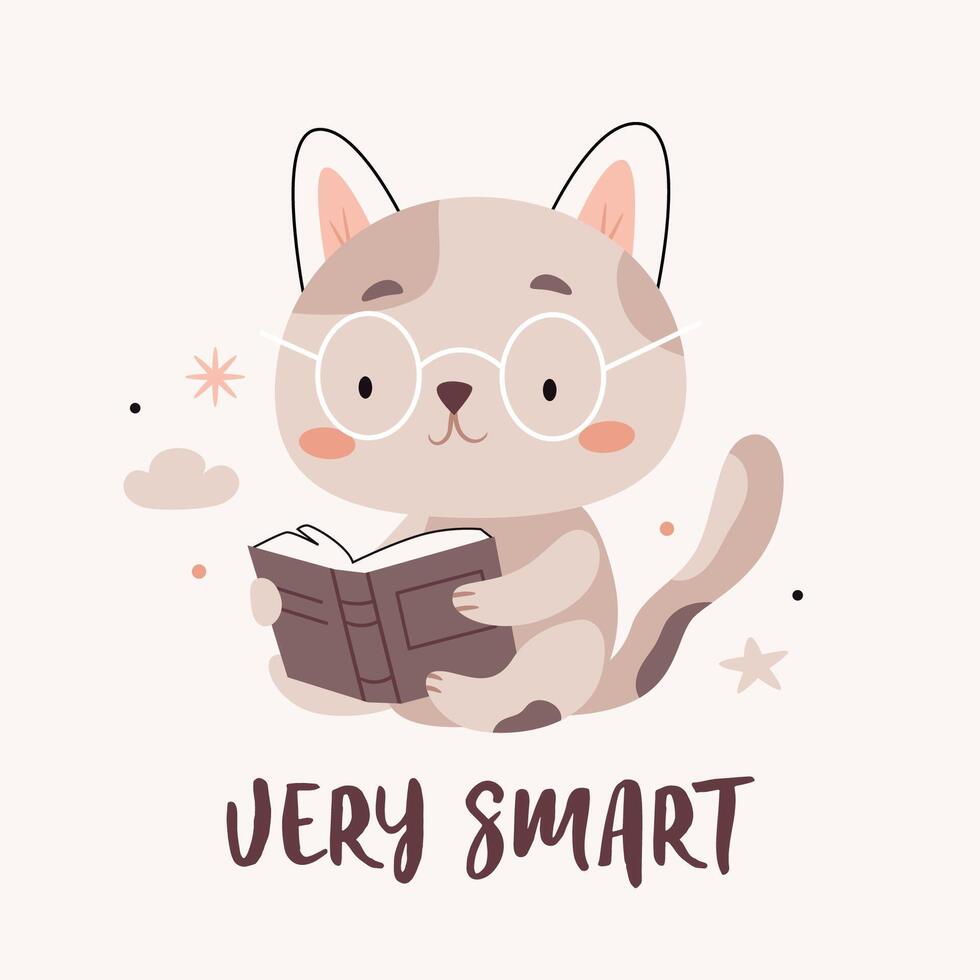 A cat in glasses is reading a book. The text Very smart. Cute cartoon Bohemian scandinavian nursery posters in beige and gray colors. Boho print vector