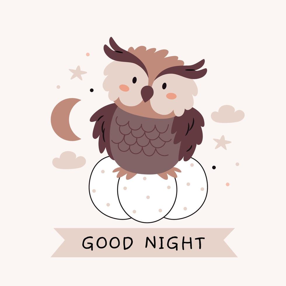 An owl is sitting on a pumpkin. Good night text. Cute cartoon Bohemian scandinavian nursery posters in beige and gray colors. Boho print vector