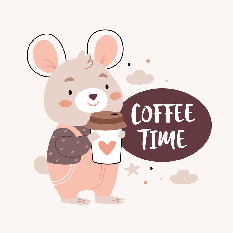 Hamster in overalls holding coffee. Text coffee Time.Cute cartoon Bohemian nursery posters in beige and gray colors. Boho print vector