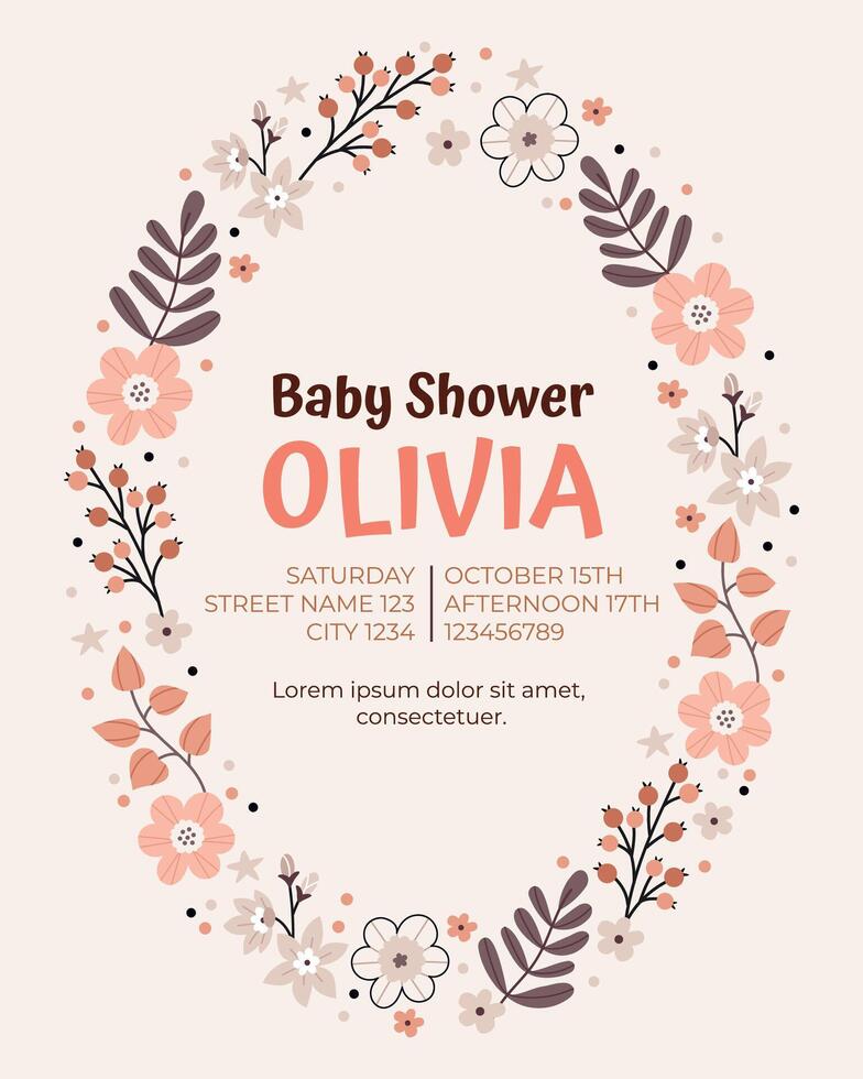 Baby shower invitation design in scandinavian, boho, minimalist style in beige neutral pastel colors.Floral frame. vector