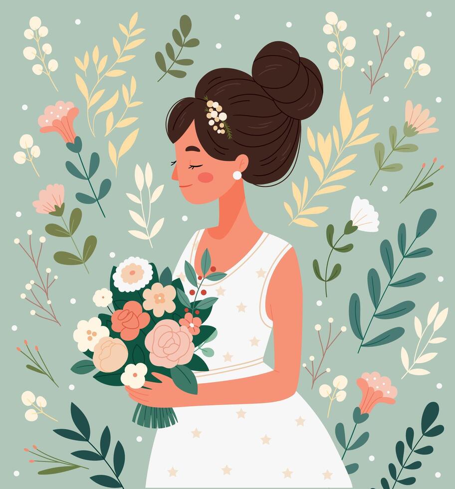 Bride with a beautiful bouquet. Turquoise background with flowers. vector