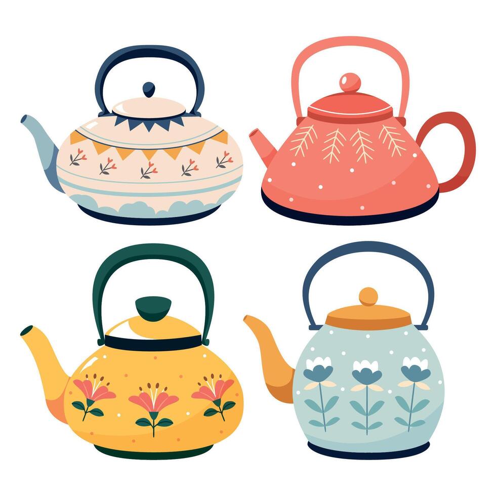Cute teapots collection. Cozy tea pots, kettles, kitchenware, crockery designs with floral prints, patterns.Tea set. Herbs, herbal tea vector
