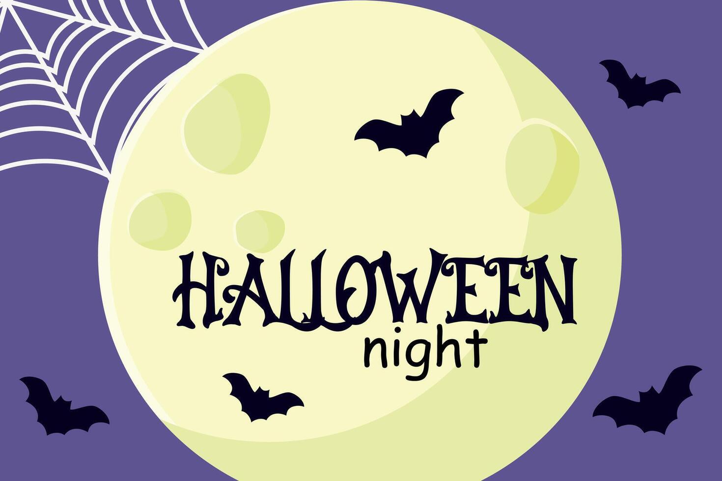 Happy halloween banner or party invitation. Halloween night greeting card with a full moon, bats, and spider web on a purple background. Design template for decoration, festive event promotions. vector