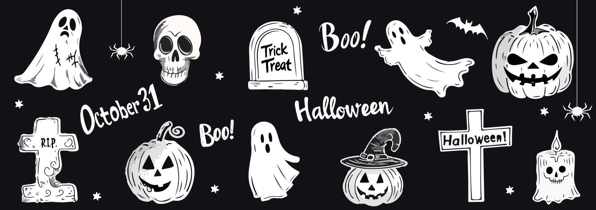 Halloween doodle collection ghosts, skulls, tombstones, pumpkins, witch hats and cheerful inscriptions. illustration in halftone design for banner or poster, grunge coquette y2k collage design vector
