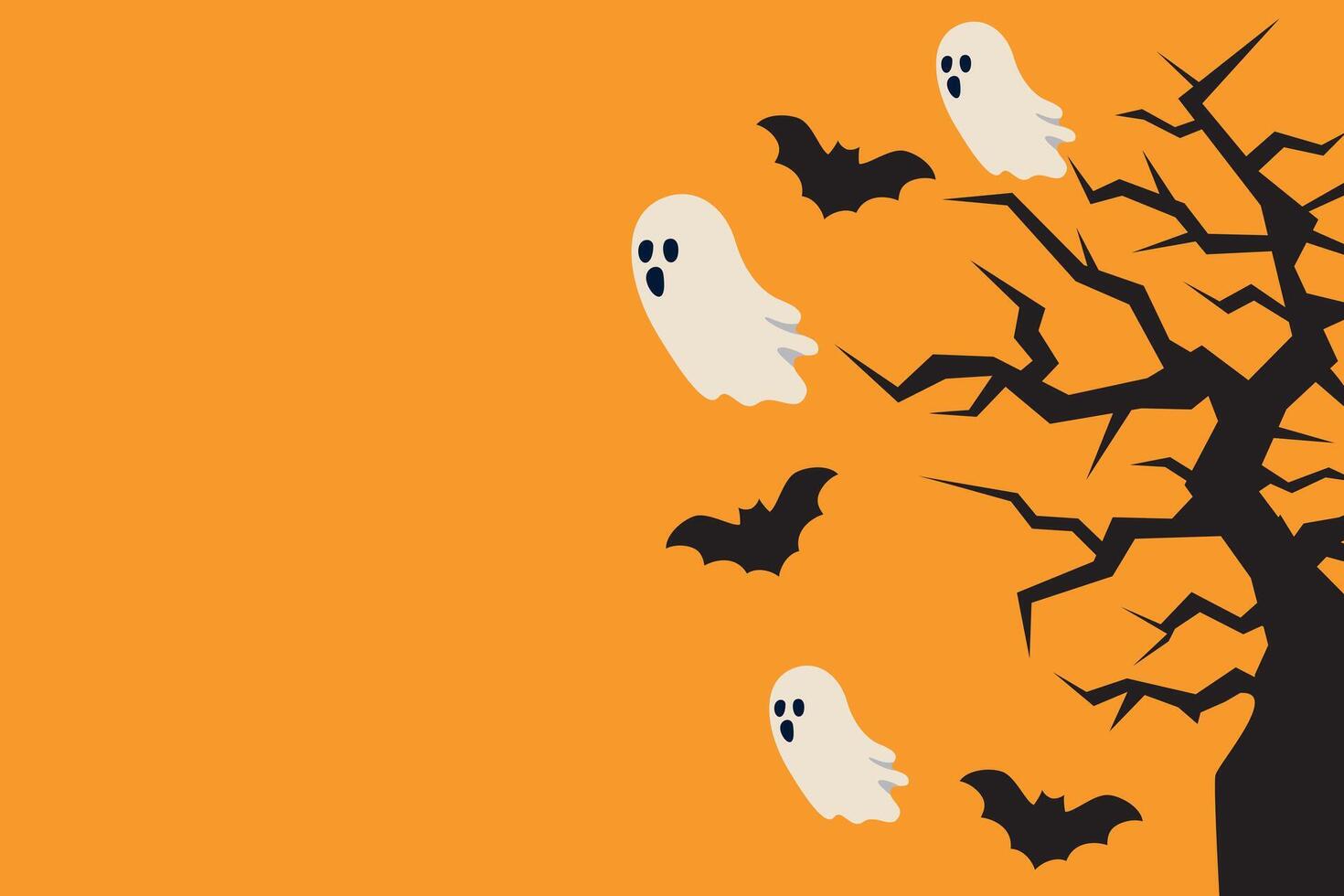 Halloween background with flying bats and featuring ghosts with copy space on orange background. Design template for party invitation, decoration, greeting cards, and festive event promotions. vector