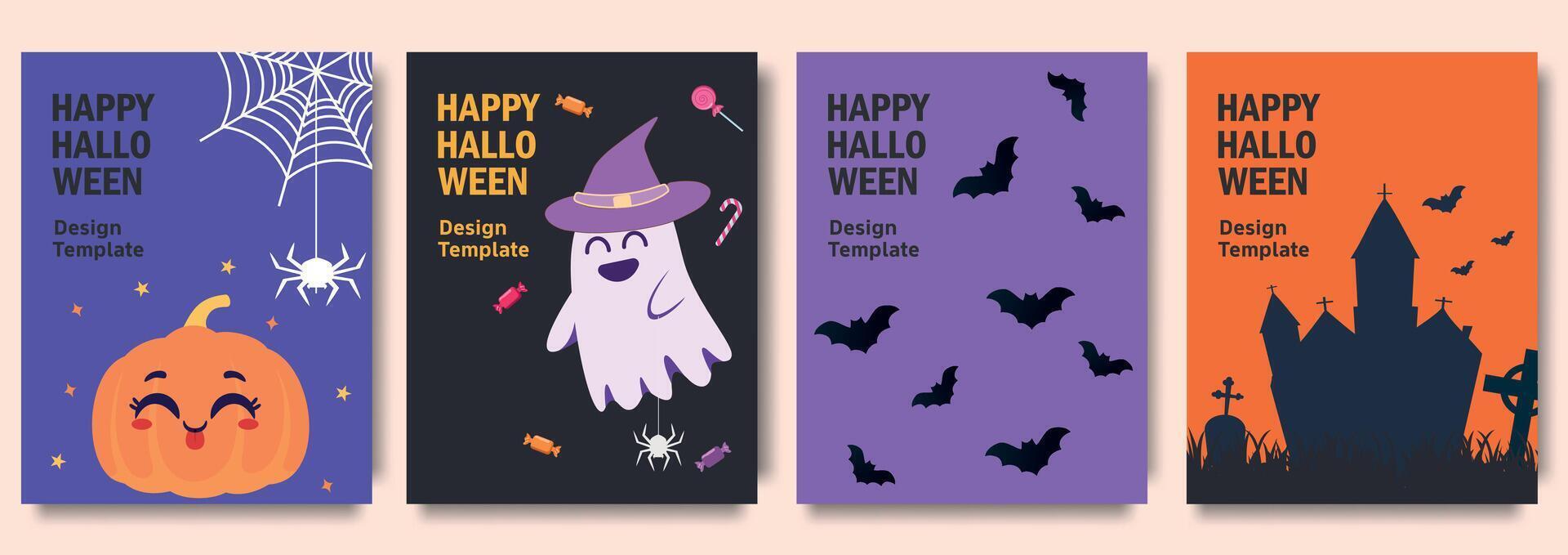 Set of colorful Halloween greeting cards with festive designs featuring a cute pumpkin, ghost with a witch hat, bats, and a haunted house. Design for party invitation, decoration, greeting cards. vector