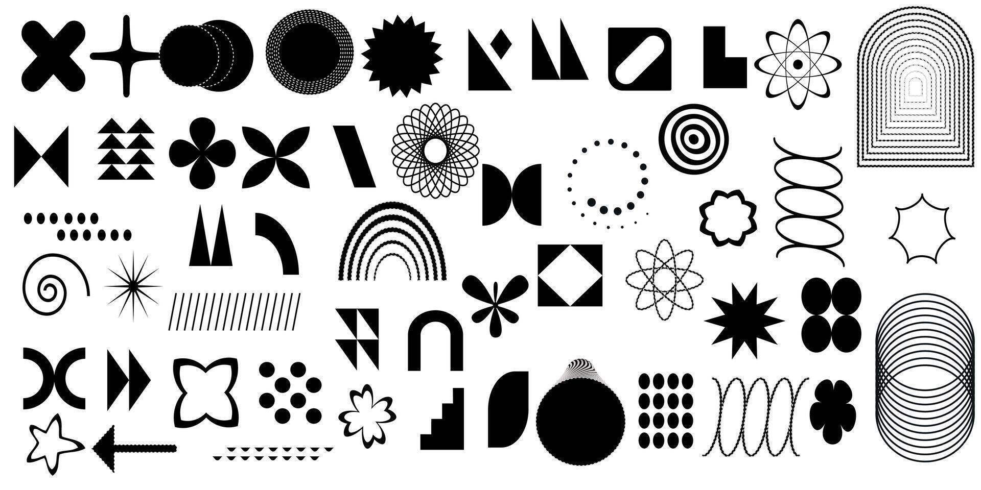 Abstract black and white geometric shapes and patterns including circles, triangles, squares, spirals, arches, and stars in a modern minimalist style. Square mosaic naive figure vector