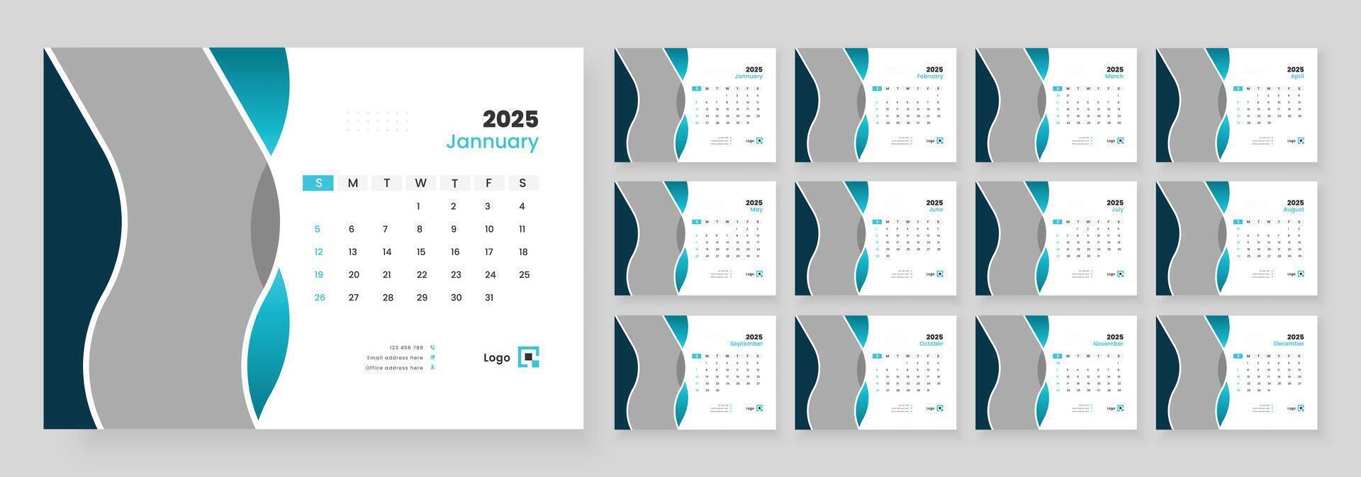 Desk Calendar 2025 template design, Week start on Sunday, Office