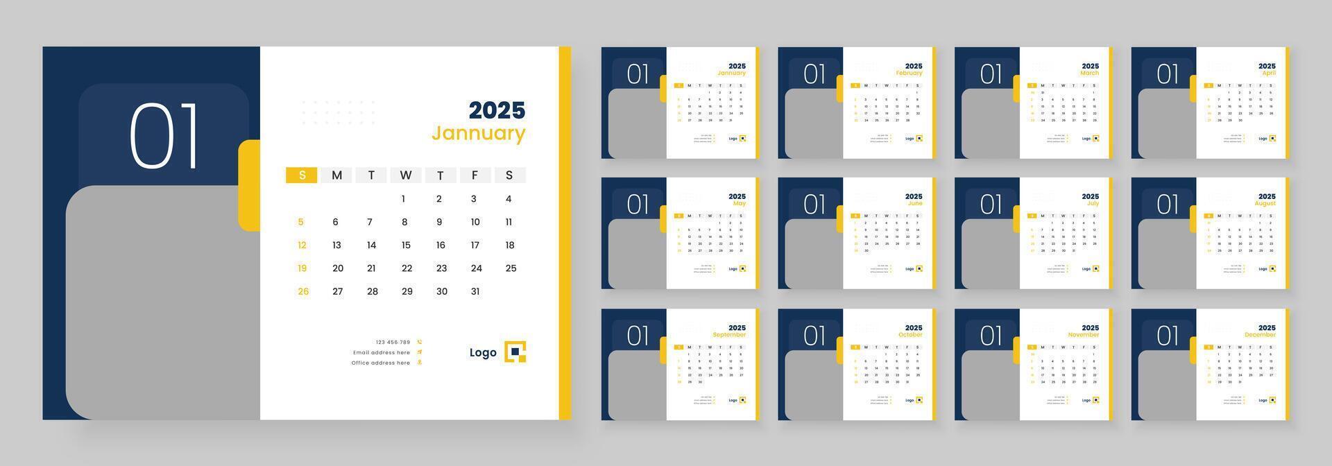 Desk calendar template 2025, new year 2025 table calendar, week starts on sunday. vector