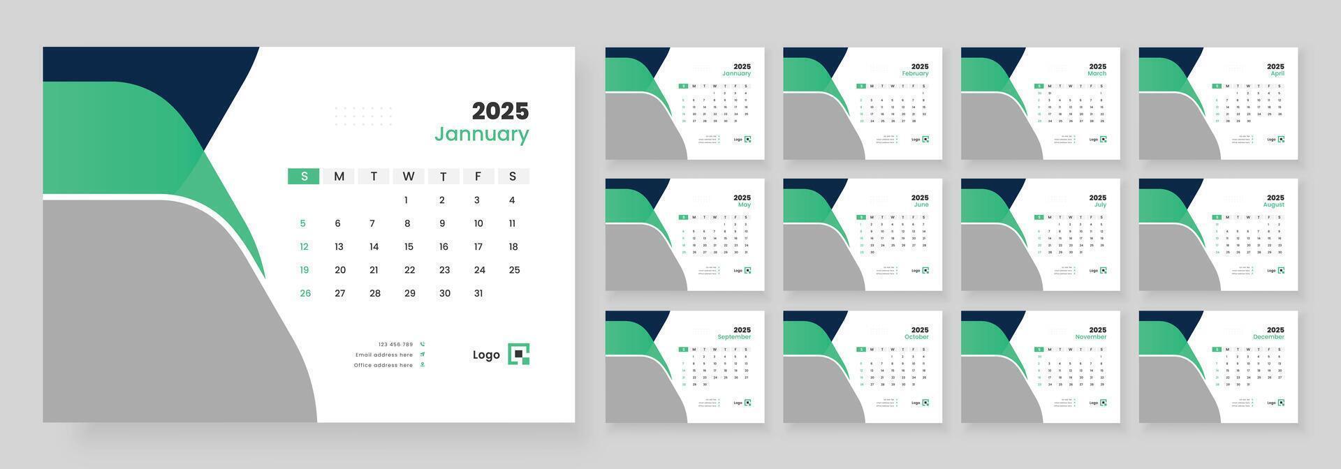 Desk calendar template 2025, new year 2025 table calendar, week starts on sunday. vector