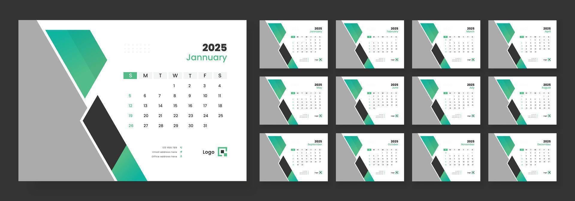Desk Calendar 2025 template design, Week start on Sunday, Office Calendar 2025. vector