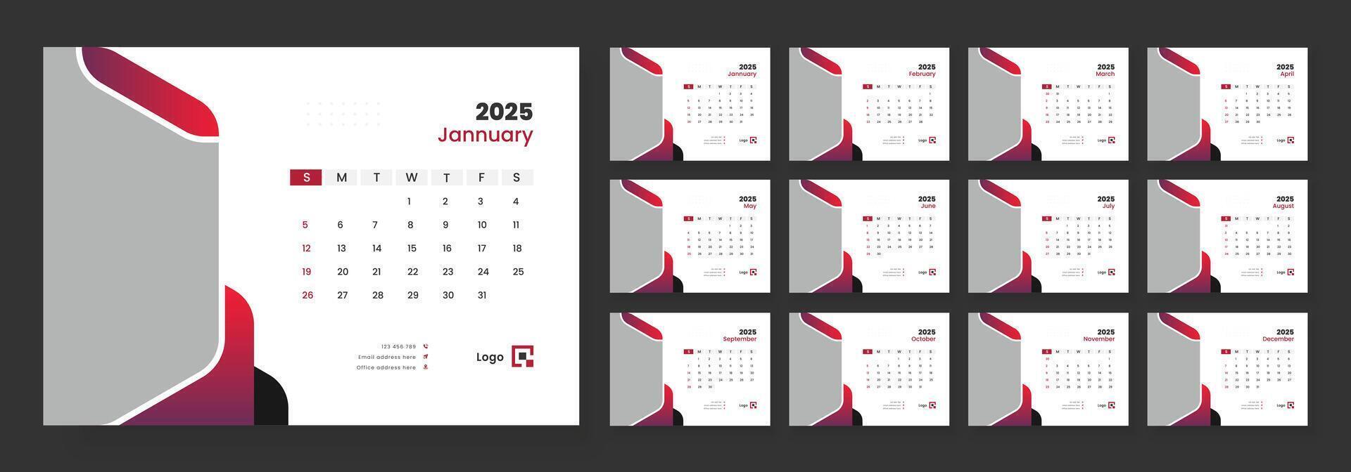 Desk calendar template 2025, corporate desk calendar schedule 2025 monthly planner template, week starts on sunday. vector