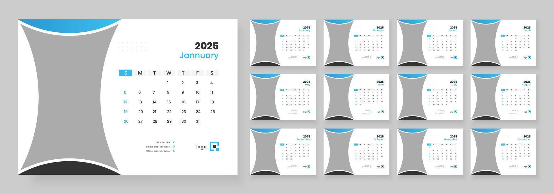 Desk Calendar 2025 template design, Week start on Sunday, Office Calendar 2025. vector