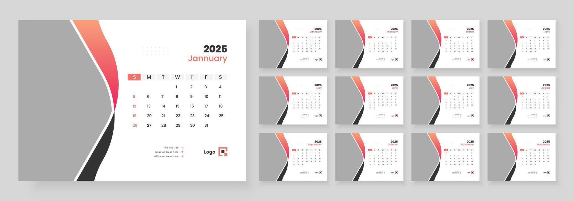 Desk Calendar 2025 template design, Week start on Sunday, Office
