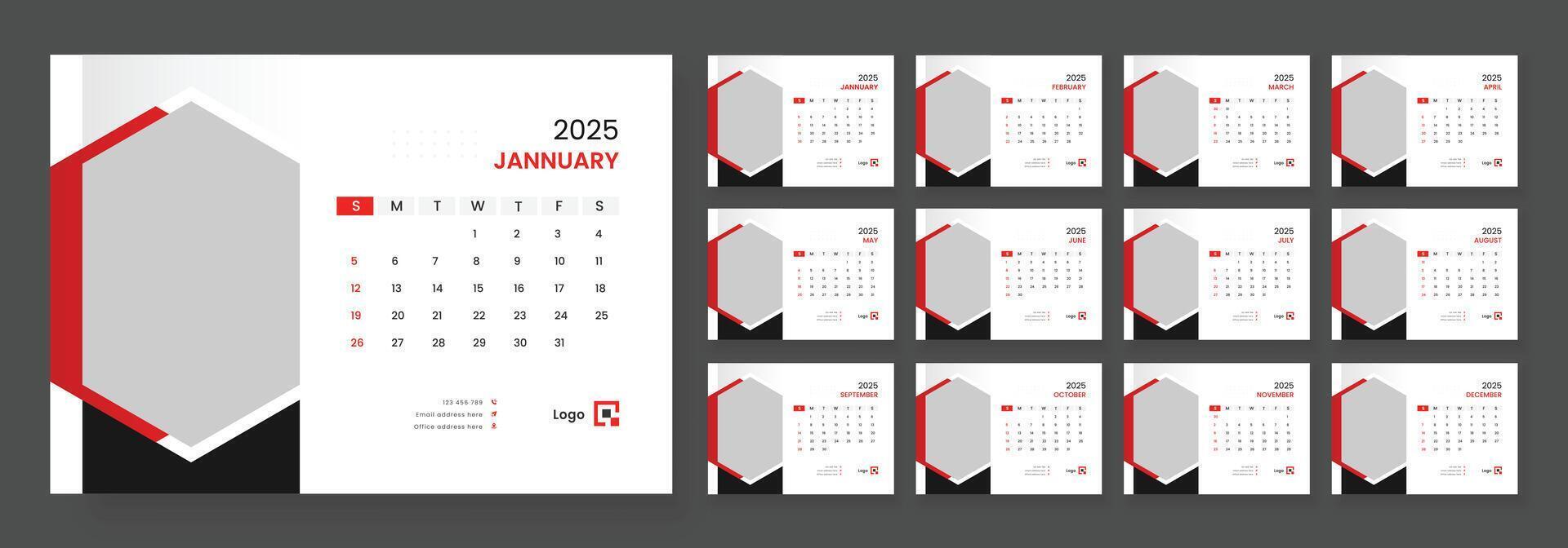 Desk calendar template 2025, new year 2025 table calendar, week starts on sunday. vector