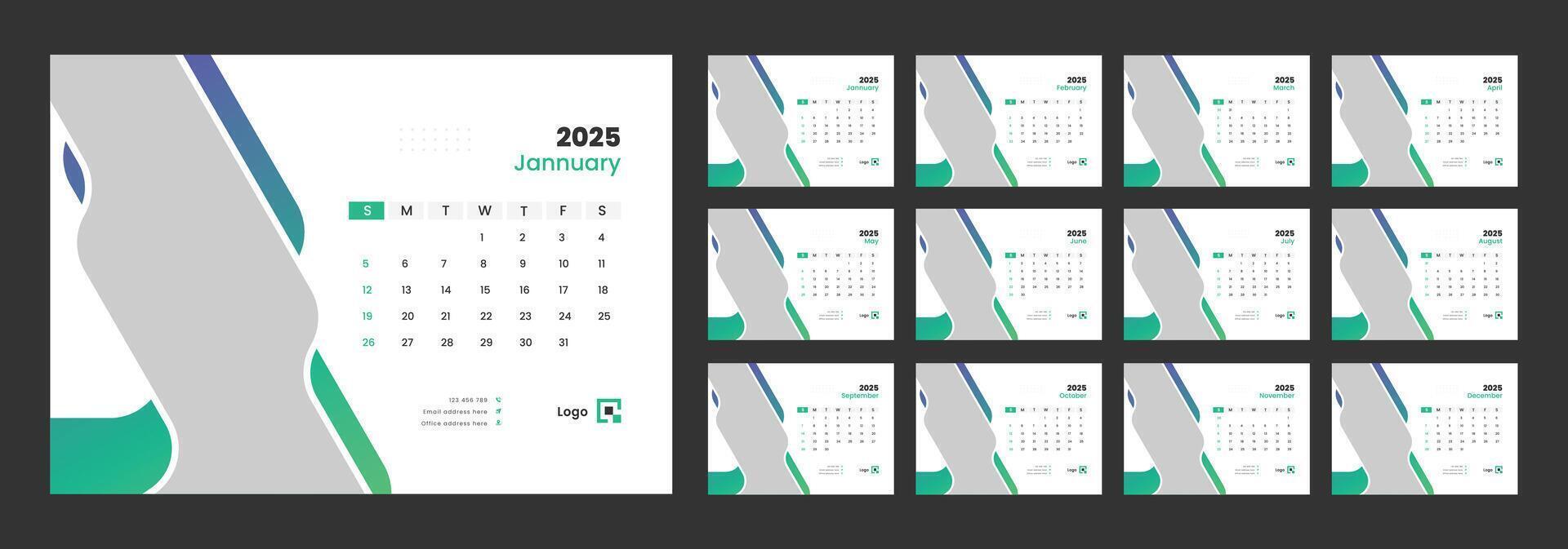 Desk Calendar 2025 template design, Week start on Sunday, Office Calendar 2025. vector