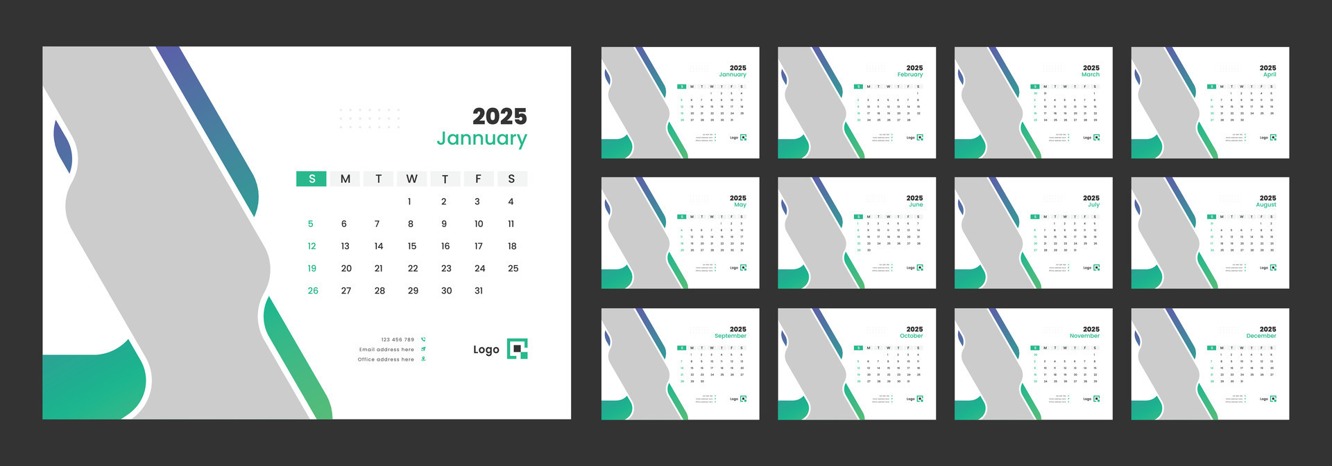 Desk Calendar 2025 template design, Week start on Sunday, Office