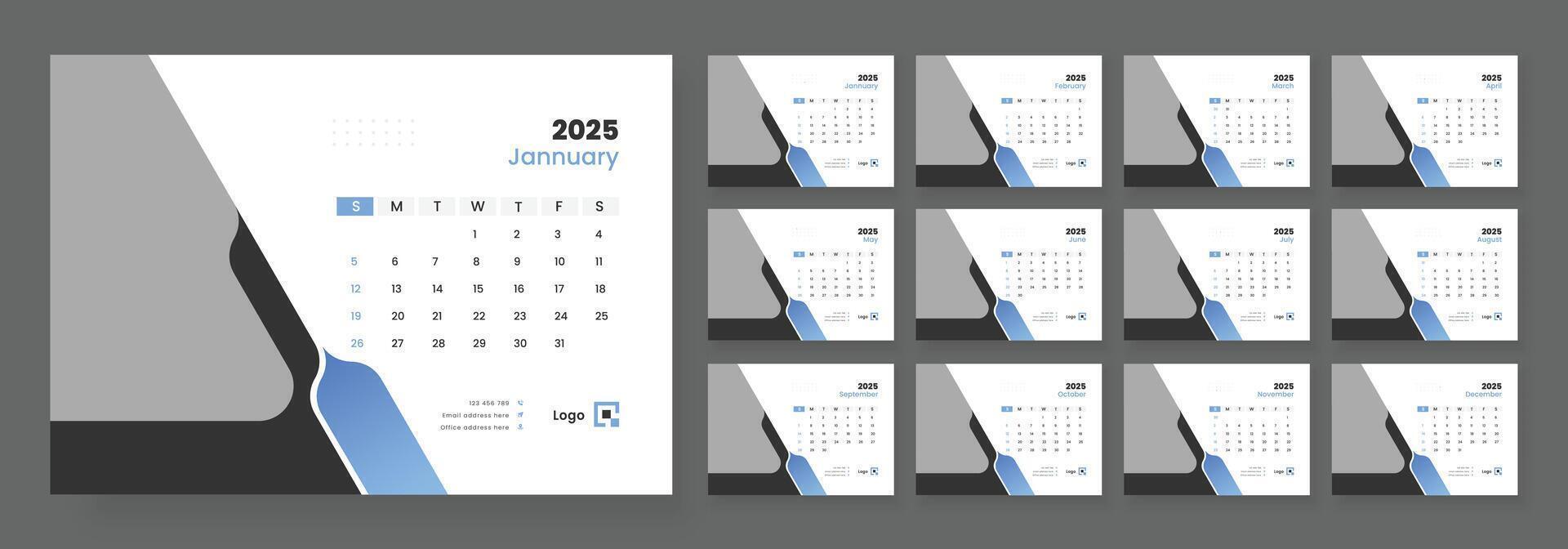 Desk Calendar 2025 template design, Week start on Sunday, Office Calendar 2025. vector