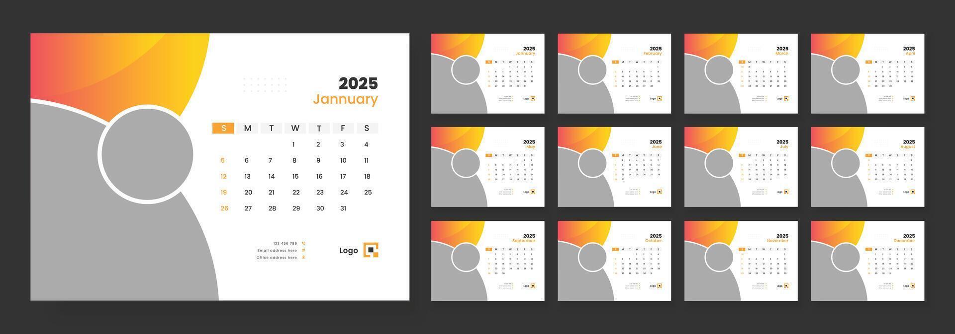 Desk Calendar 2025 template design, Week start on Sunday, Office Calendar 2025. vector