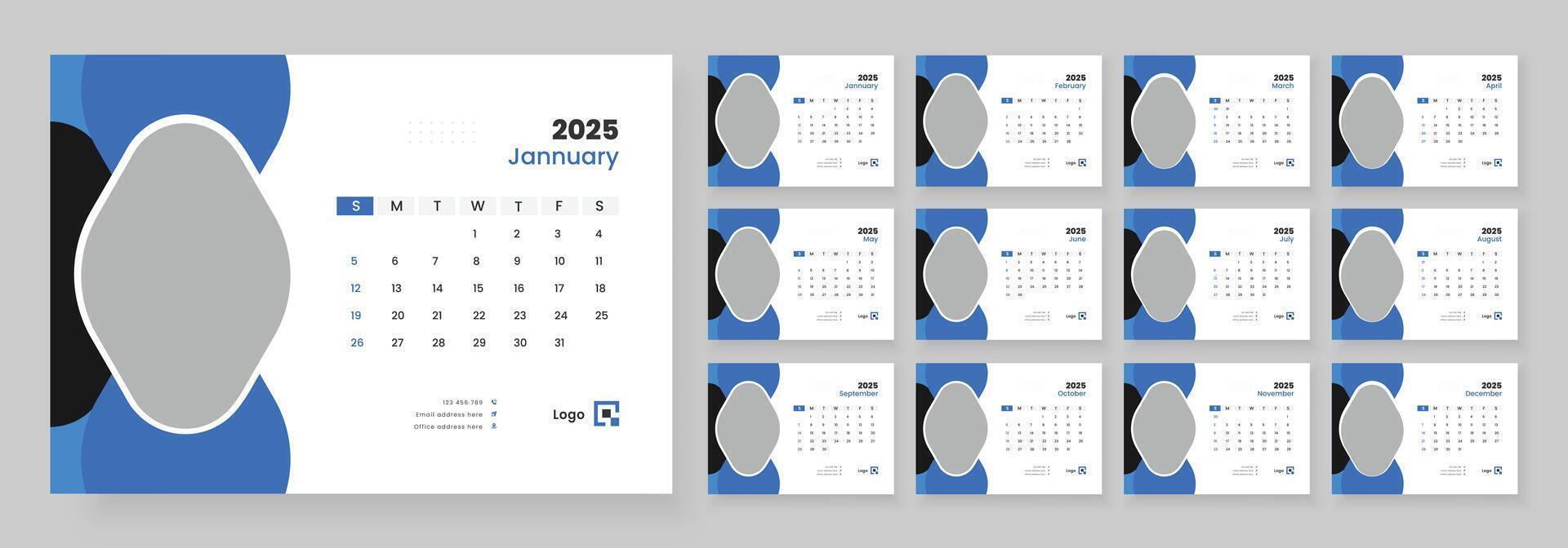 Desk calendar 2025 planner template, week starts on sunday. vector