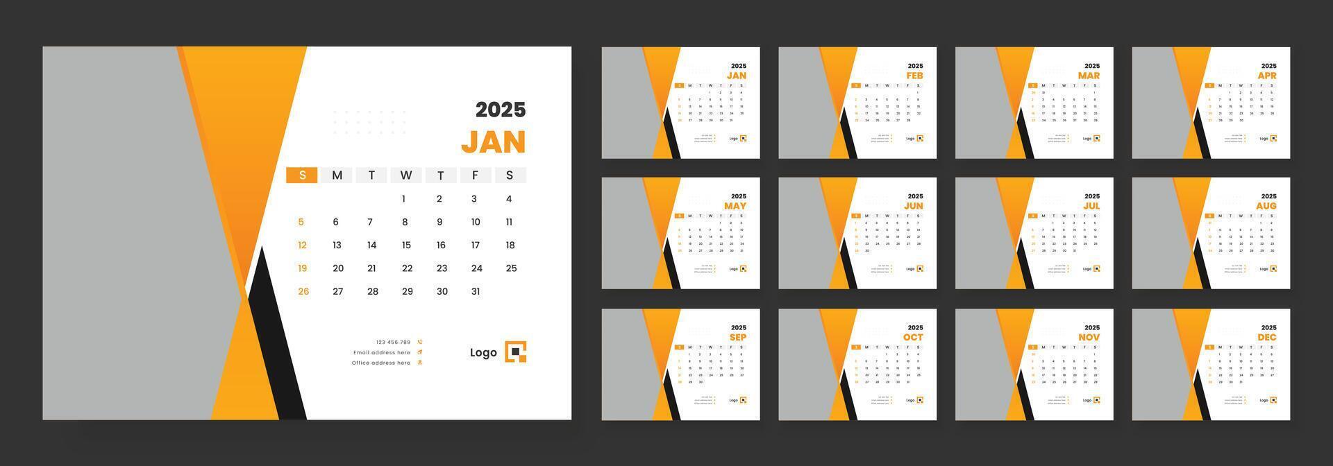 Desk calendar template 2025, corporate desk calendar schedule 2025 monthly planner template, week starts on sunday. vector