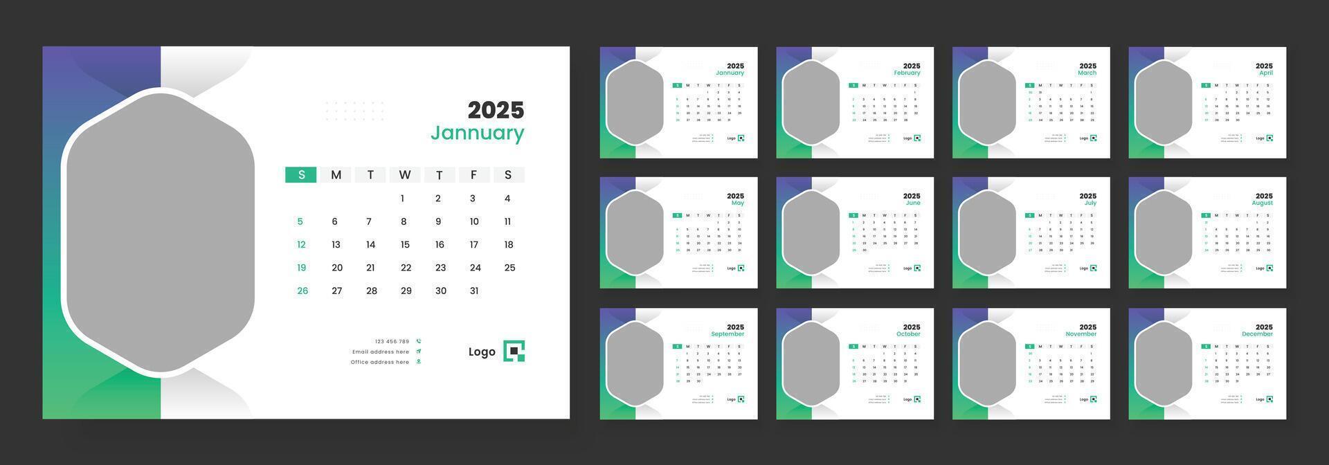 Desk Calendar 2025 template design, Week start on Sunday, Office Calendar 2025. vector
